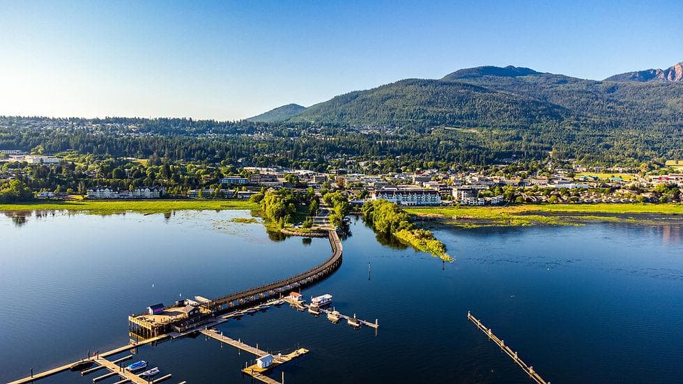 Aerial view of downtown Salmon Arm, the wharf and Shuswap Lake