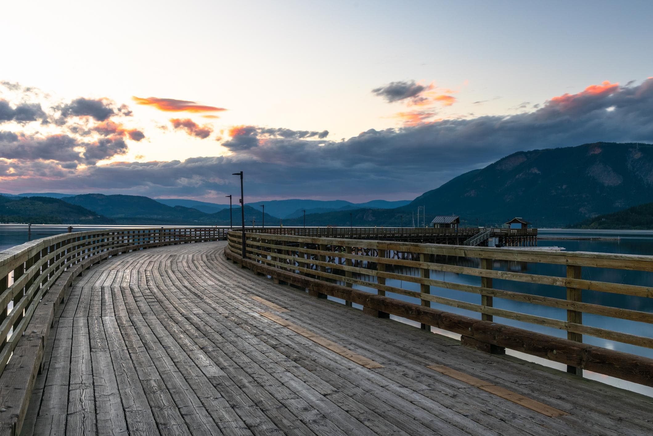 The Salmon Arm wharf at sunset, looking out over Shuswap Lake